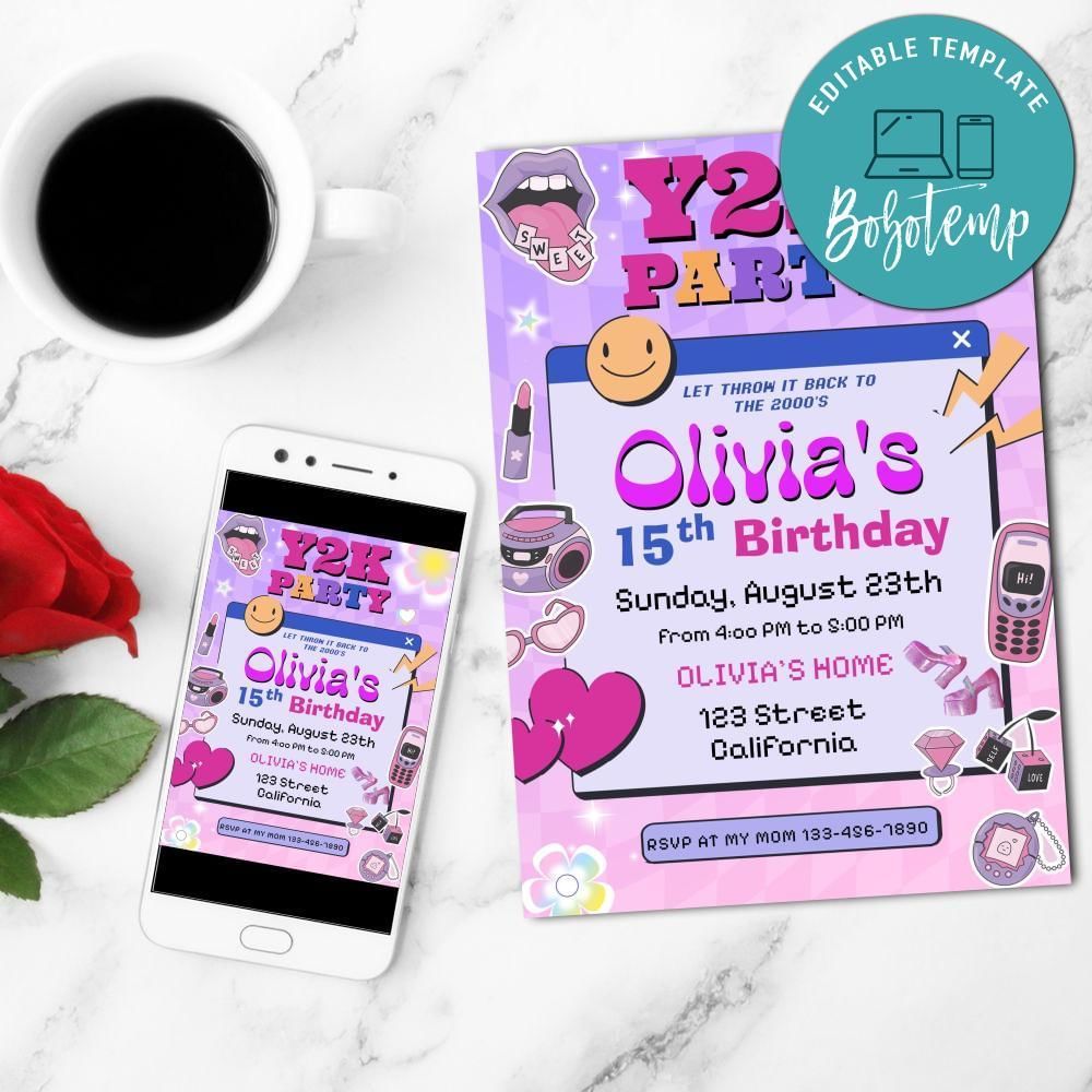 Y2k party Invitation Customizable Template to Print at Home Instant Download