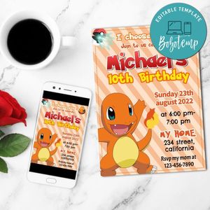 Charmander Birthday Party Mobile Invite Customizable Template Instant Download