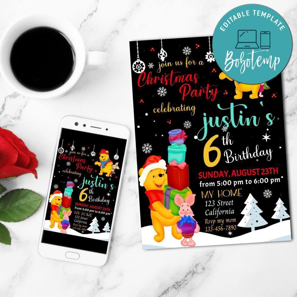 Winnie The Pooh Christmas Party Birthday Mobile Invite Customizable Template Instant Download