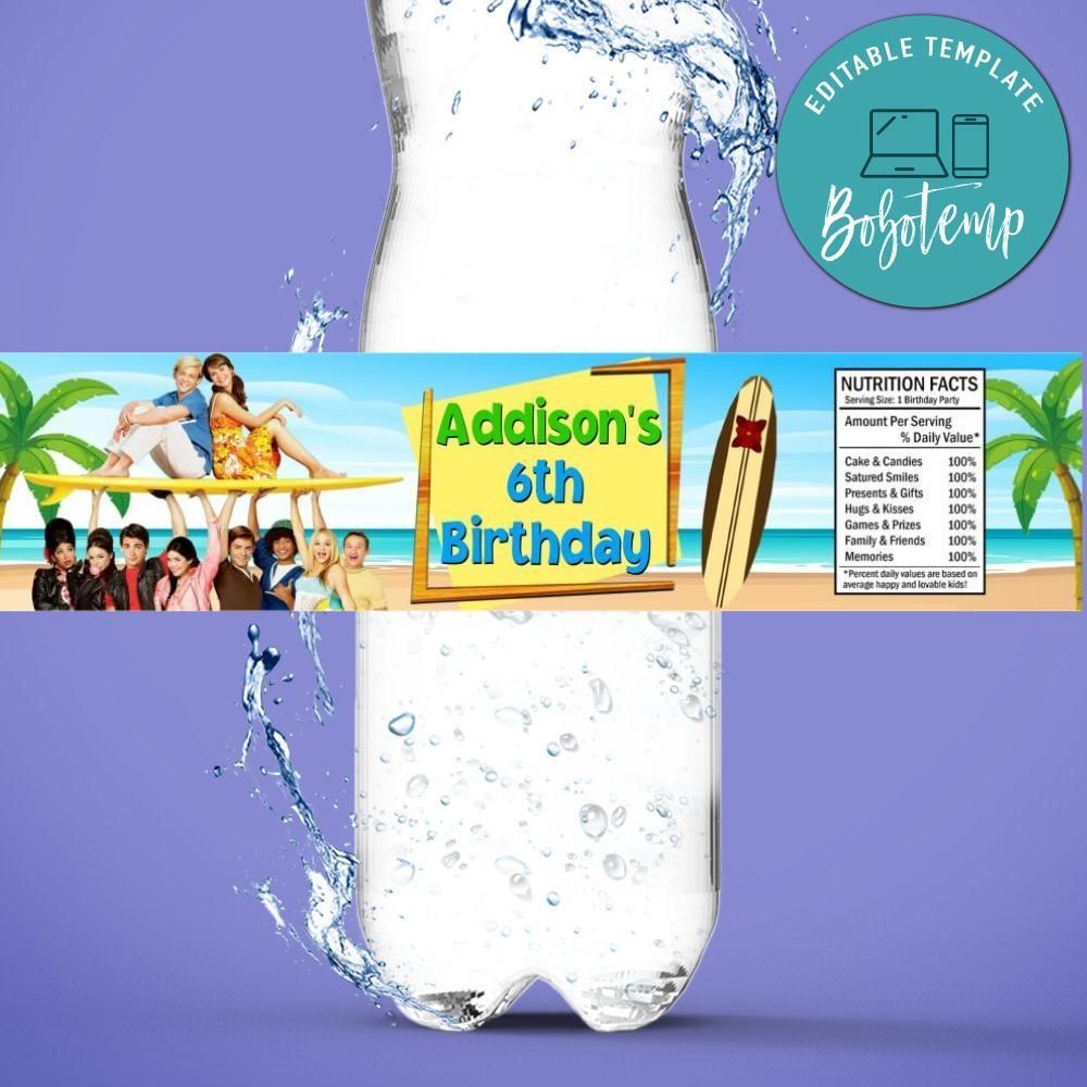 Teen beach Birthday Water Bottle Label Template to Print at Home Instant Download