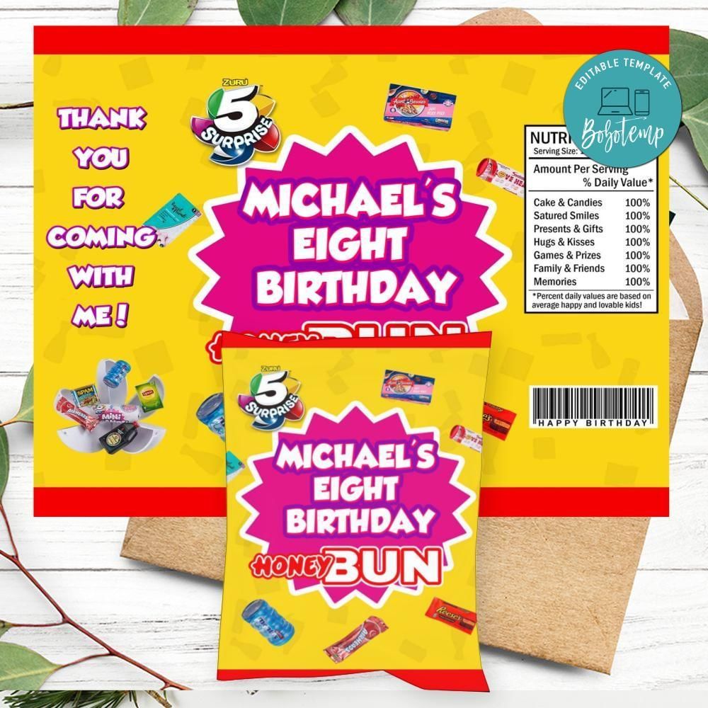 Surprise Mini Brands Birthday Honey Buns Snack Bag Label Customizable Instant Download
