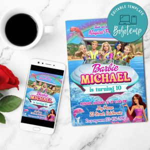 Barbie Dolphin Magic Birthday Flyer Customizable Template to Print at Home Instant Download