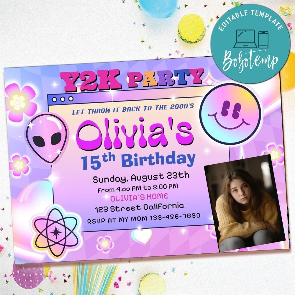 Y2k party Invitation with Photo Customizable Template to Print at Home Instant Download