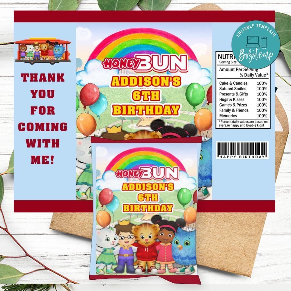 Daniel Tiger Birthday Honey Buns Snack Bag Label Customizable Instant Download