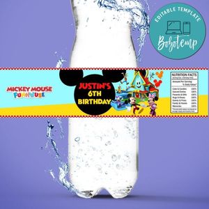 Mickey Mouse Funhouse Birthday Water Bottle Label Template to Print at Home Instant Download