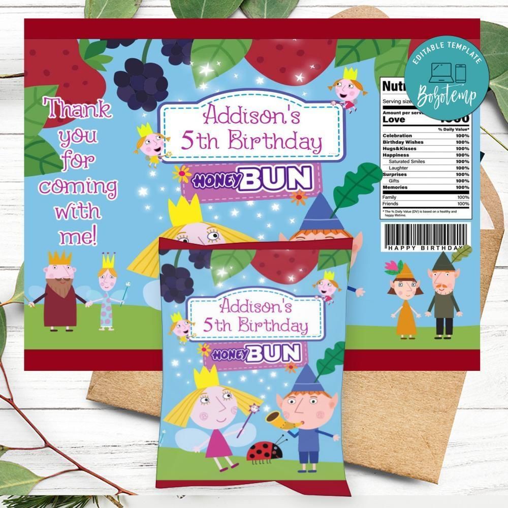 Ben And Holly's Little Kingdom Birthday Honey Buns Snack Bag Label Customizable Instant Download