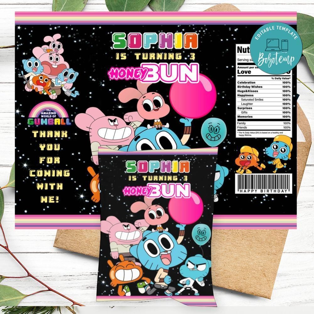 Gumball Birthday Honey Buns Snack Bag Label Customizable Instant Download