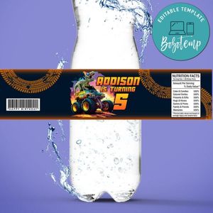 T Rex Monster Truck Birthday Water Bottle Label Template to Print at Home Instant Download