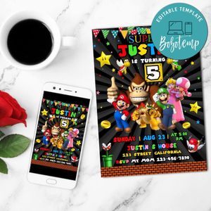Super Mario Birthday Invitation Customizable Template to Print at Home Instant Download