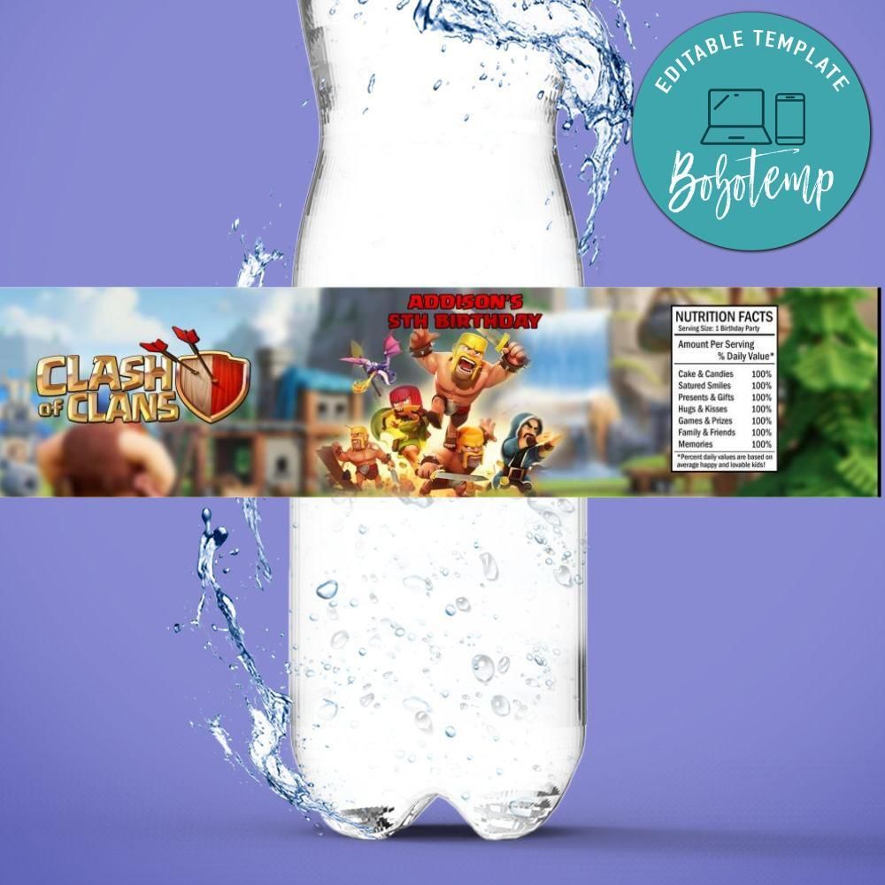 Clash Of Clans Birthday Water Bottle Label Template to Print at Home Instant Download
