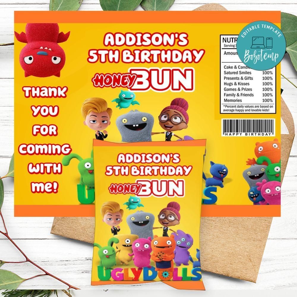 Ugly Dolls Birthday Honey Buns Snack Bag Label Customizable Instant Download