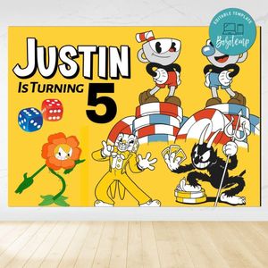 Cuphead Birthday Backdrop Digital File Template Instant Download