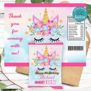 Unicorn Birthday Honey Buns Snack Bag Label Customizable Instant Download