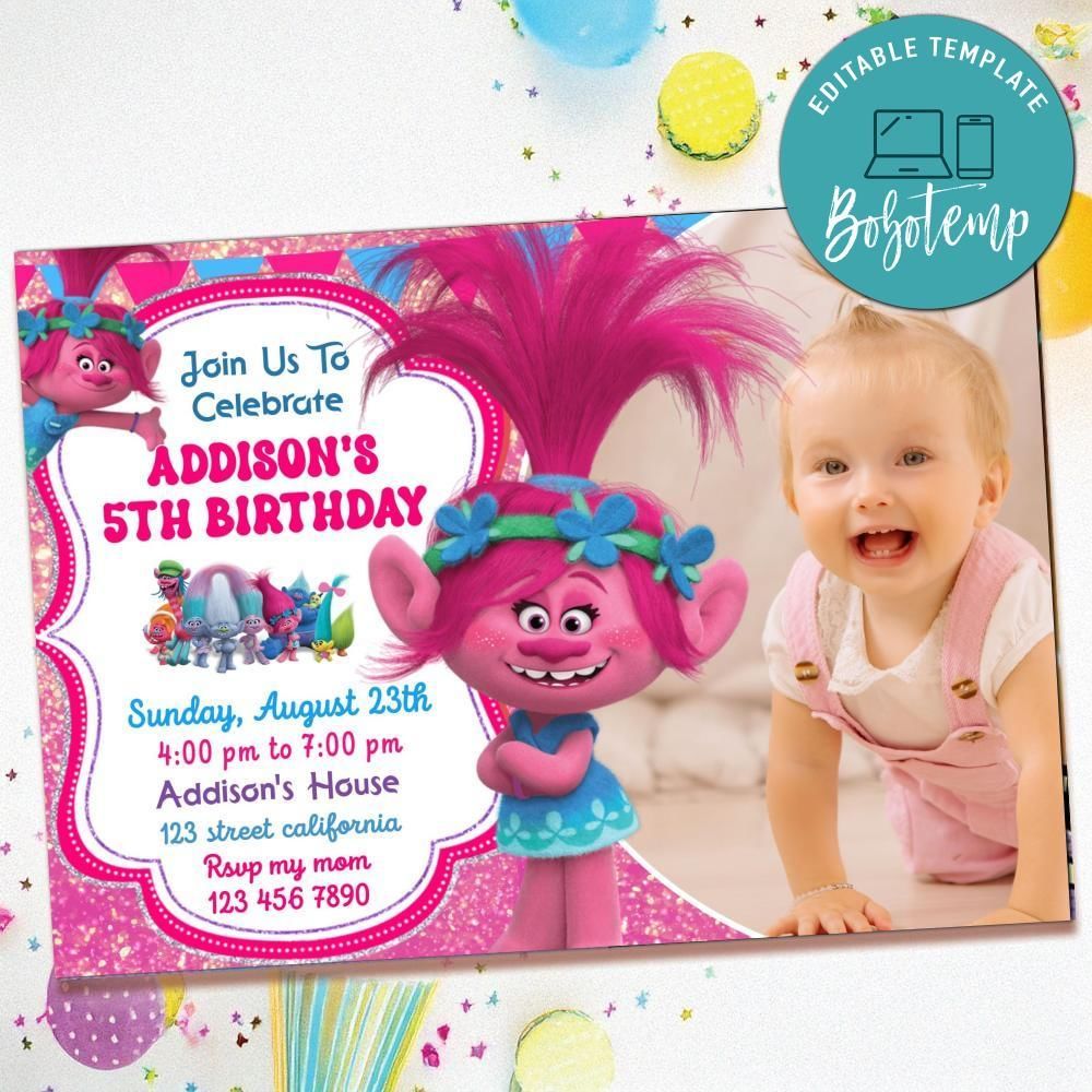 Poppy Trolls Birthday Invitation with Photo Customizable Template to Print at Home Instant Download