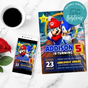 Super Mario Sonic  Birthday Mobile Invite Customizable Template Instant Download