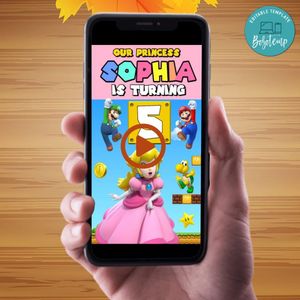 Princess peach Birthday Video Invitation Digital Template Customizable Instant Download
