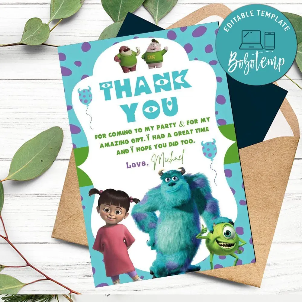 Monster Inc Thank You Card Customizable Template DIY | Bobotemp