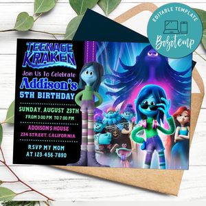 Teenage Kraken Birthday Flyer Customizable Template to Print at Home Instant Download