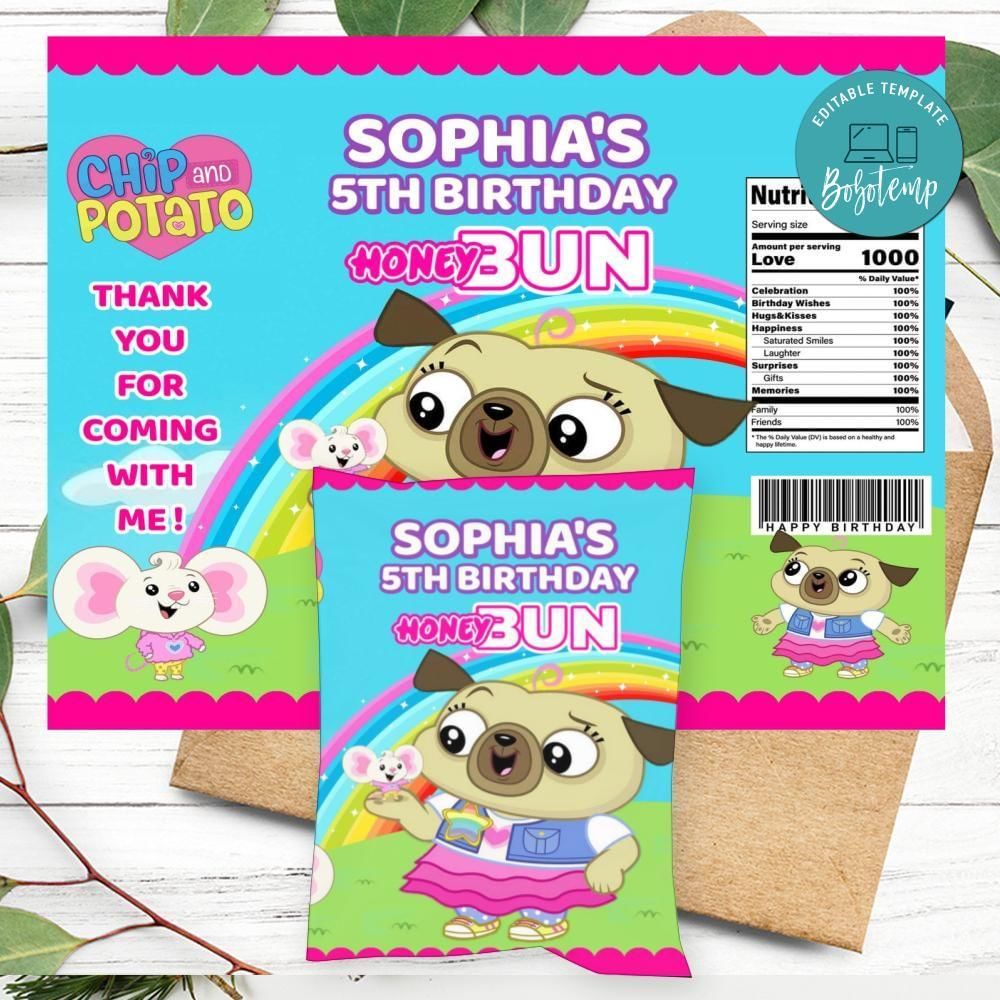 Chip And Potato Birthday Honey Buns Snack Bag Label Customizable Instant Download