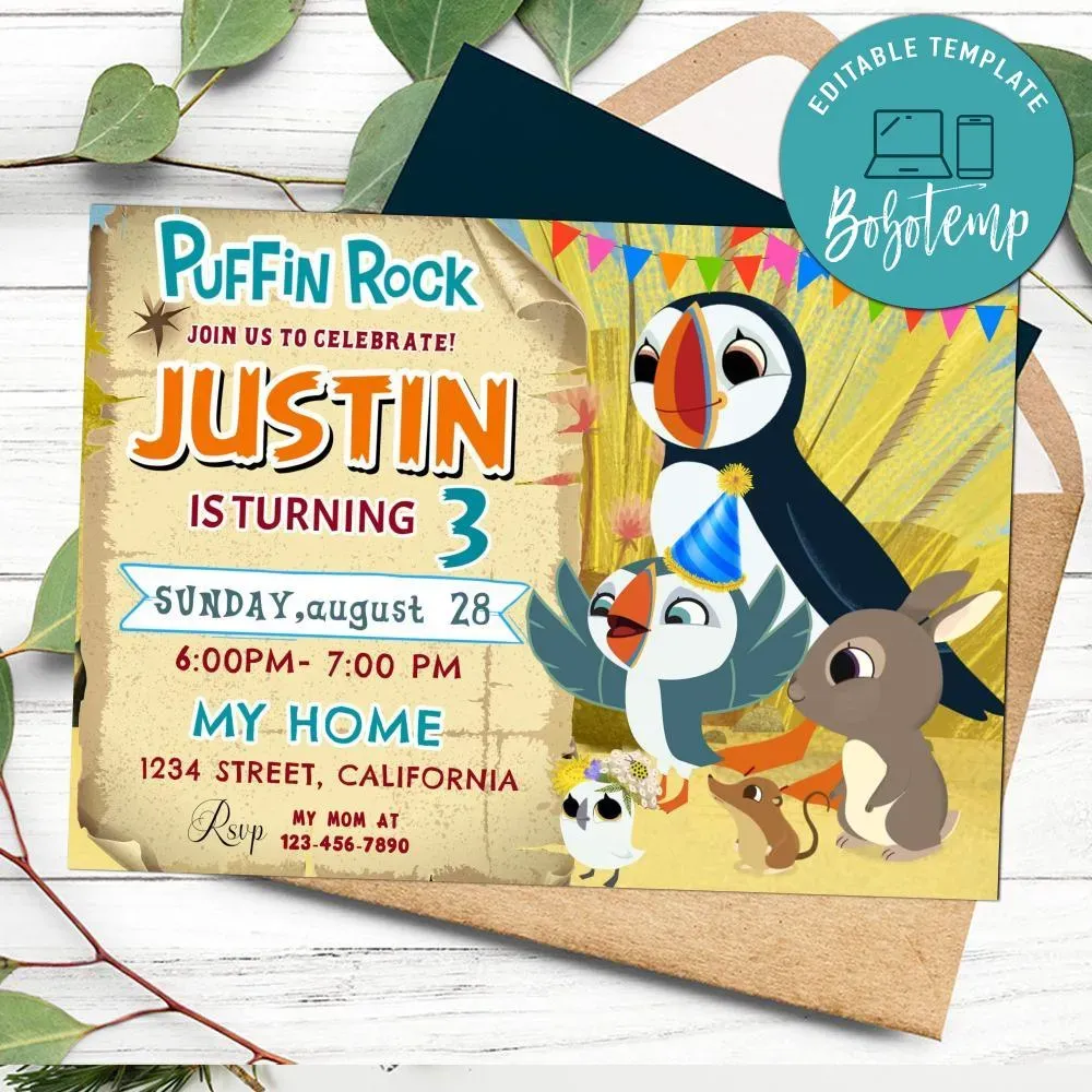 Puffin Rock Invitation Customizable Template DIY | Bobotemp