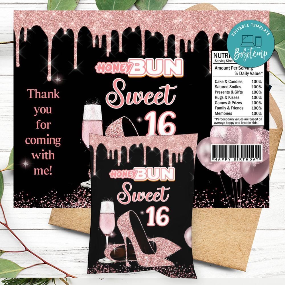 Sweet 16 Birthday Honey Buns Snack Bag Label Customizable Instant Download