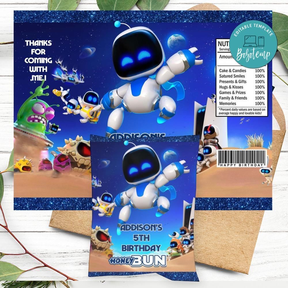 Astro Bot Birthday Honey Buns Snack Bag Label Customizable Instant Download