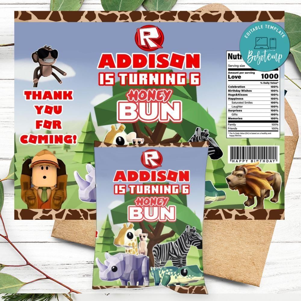 Roblox Safari Birthday Honey Buns Snack Bag Label Customizable Instant Download