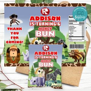 Roblox Safari Birthday Honey Buns Snack Bag Label Customizable Instant Download