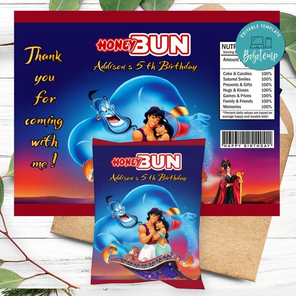 Aladdin Birthday Honey Buns Snack Bag Label Customizable Instant Download