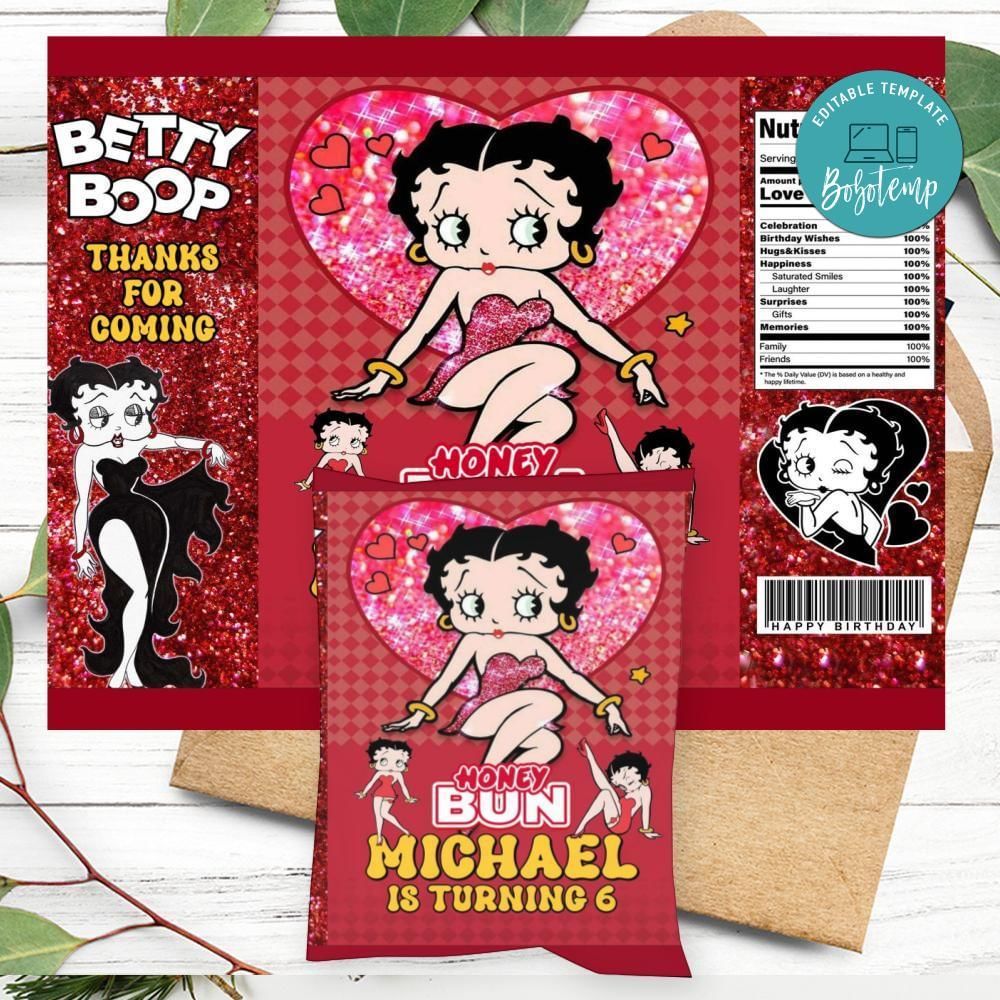 Betty Boop Birthday Honey Buns Snack Bag Label Customizable Instant Download