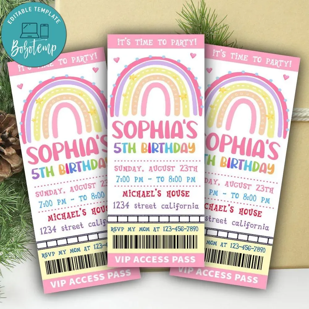Rainbow Ticket Invitation Customizable Template | Bobotemp