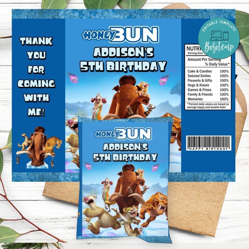 Ice Age Birthday Honey Buns Snack Bag Label Customizable Instant Download