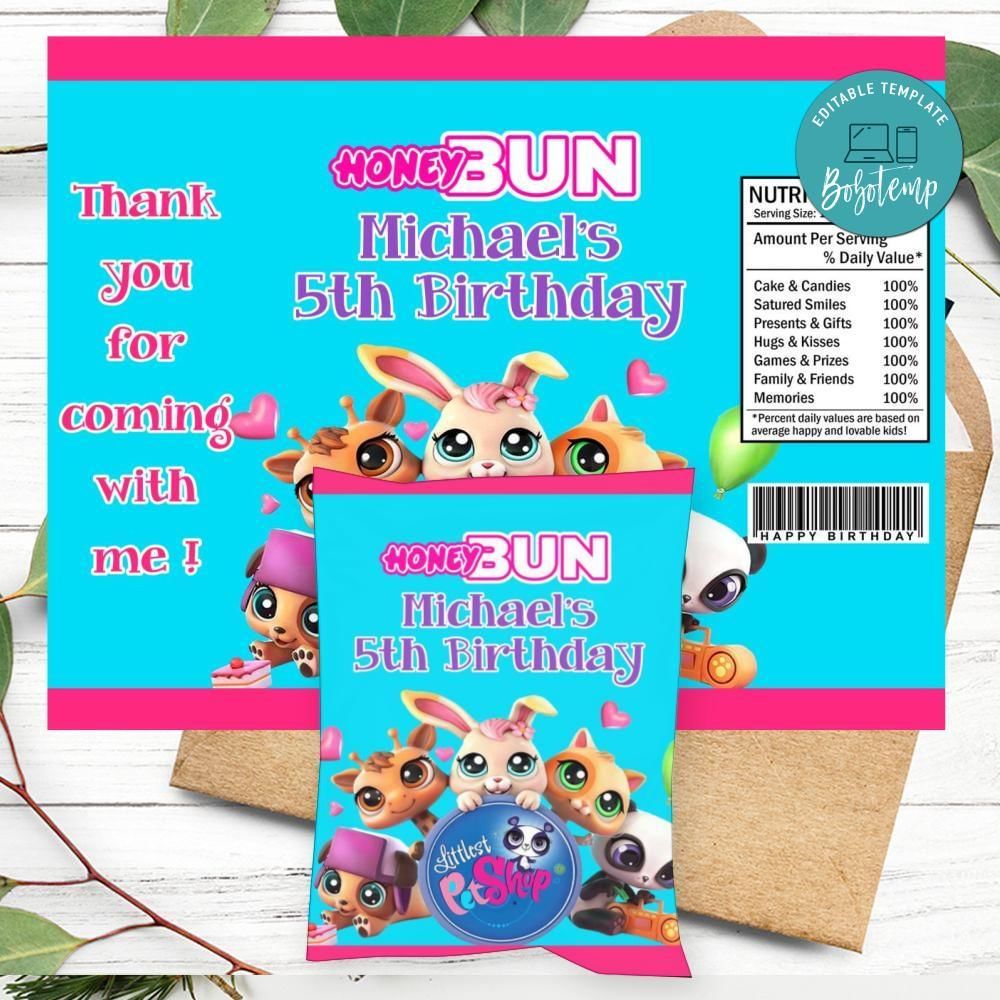 Littlest Pet Shop Birthday Honey Buns Snack Bag Label Customizable Instant Download