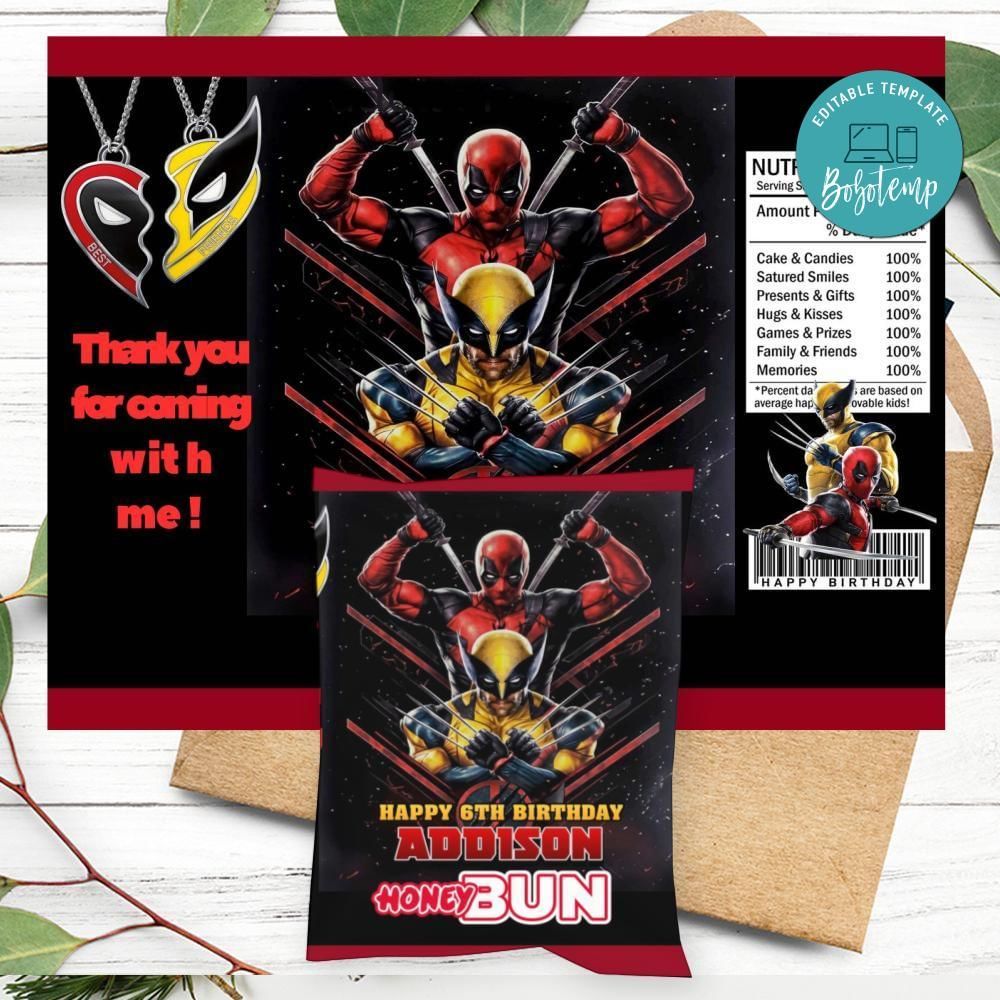Deadpool & Wolverine Birthday Honey Buns Snack Bag Label Customizable Instant Download