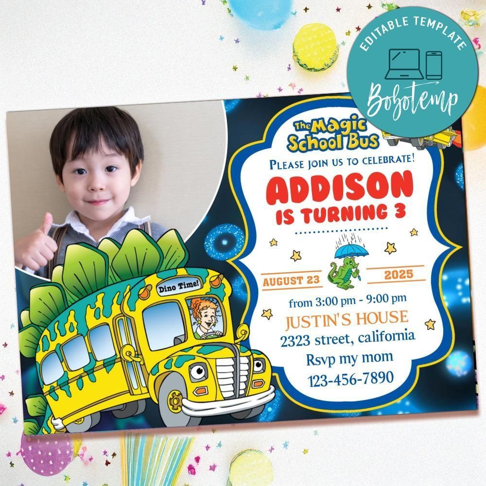 Magic school bus Birthday Invitation with Photo Customizable Template to Print at Home Instant Download