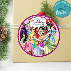 Disney princess Birthday Round Label Digital File Customizable Instant Download