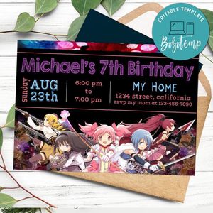 Puella Magi Madoka Magica Birthday Invitation Customizable Template to Print at Home Instant Download