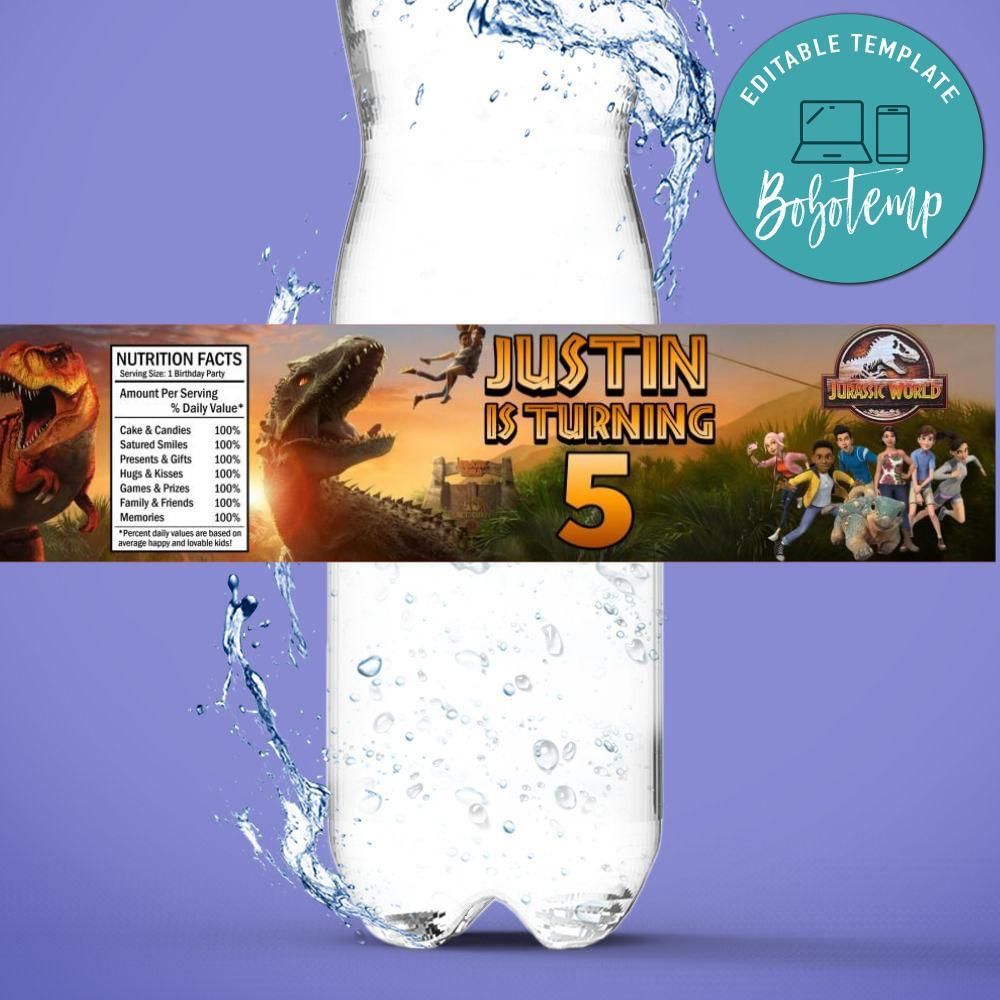 Jurassic World Camp Birthday Water Bottle Label Template to Print at Home Instant Download