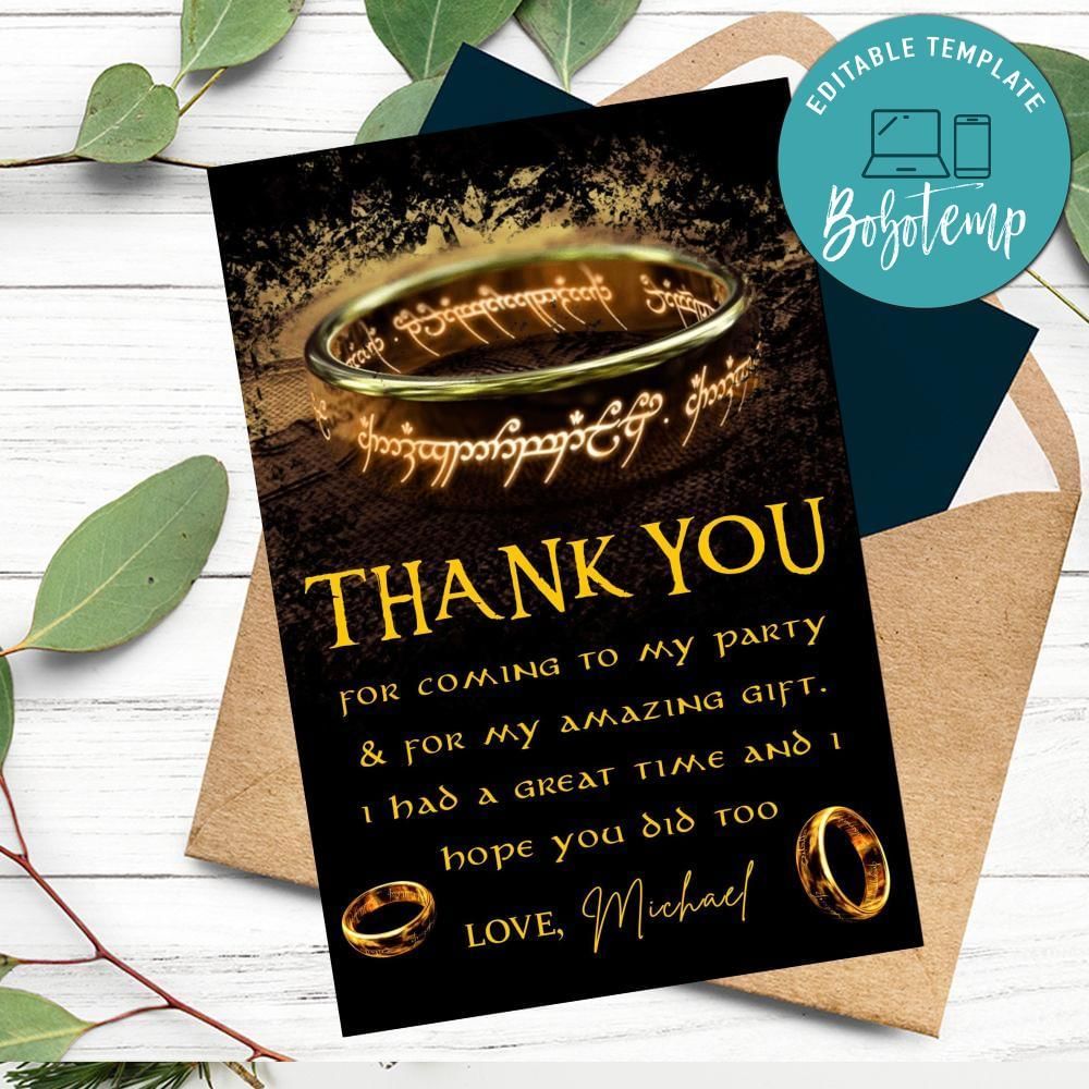 Lord Of The Rings Thank You Card Customizable Template To Print At Home Instant Download