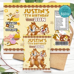 Chip And Dale Birthday Honey Buns Snack Bag Label Customizable Instant Download