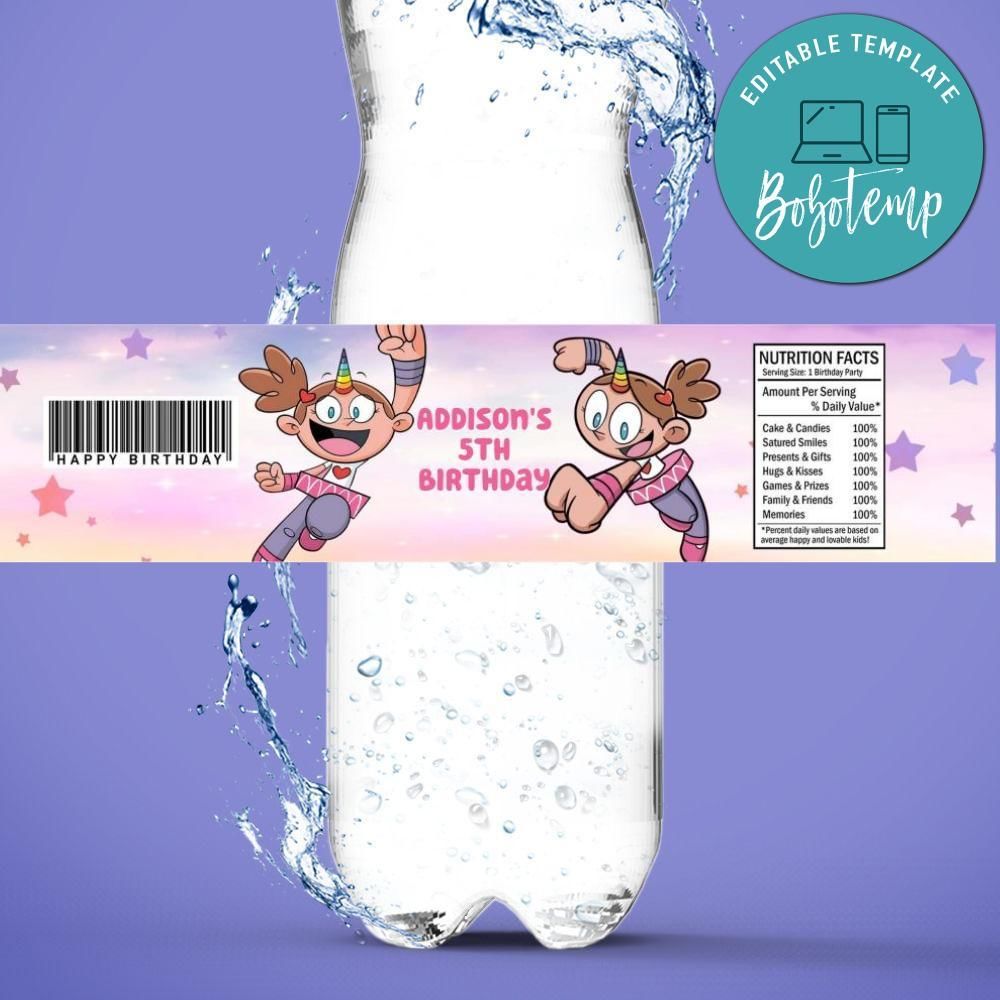 Super Unicorn Princess Birthday Water Bottle Label Template to Print at Home Instant Download
