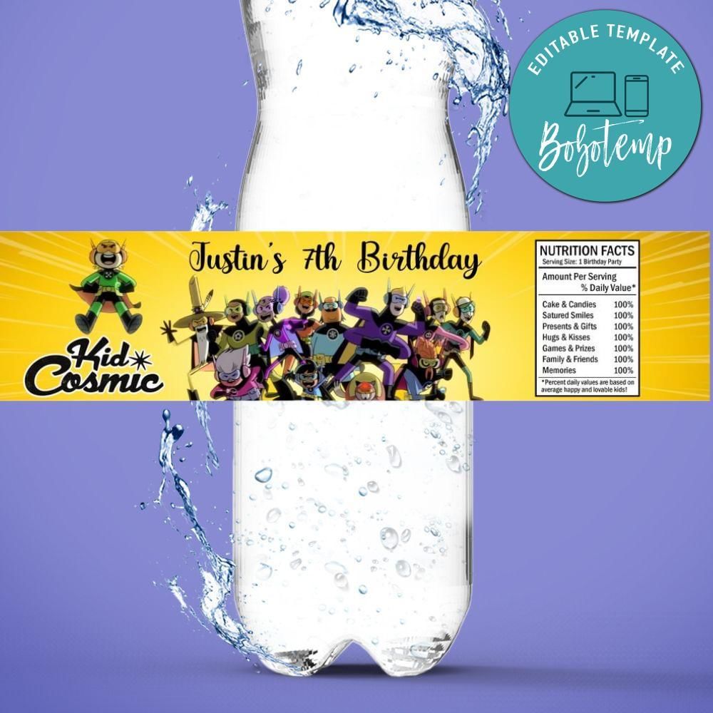 Kid cosmic Birthday Water Bottle Label Template to Print at Home Instant Download