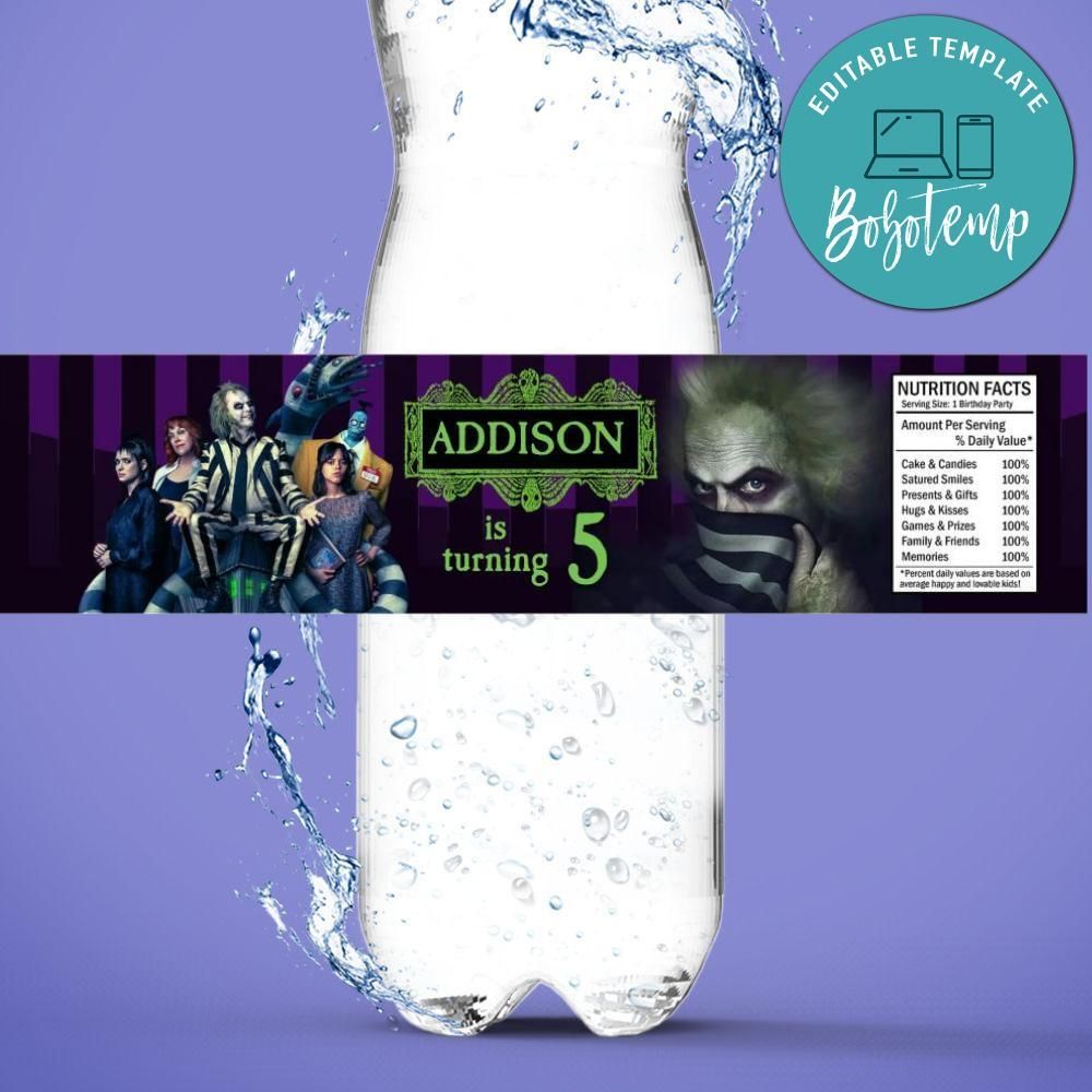 Beetlejuice 2 Bottle Label Birthday Water Bottle Label Template to Print at Home Instant Download