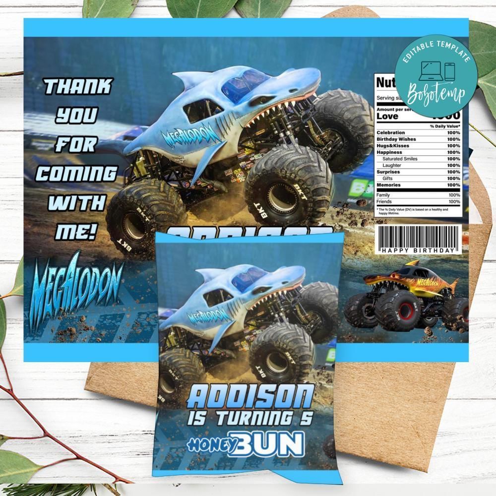Megalodon Monster Birthday Honey Buns Snack Bag Label Customizable Instant Download