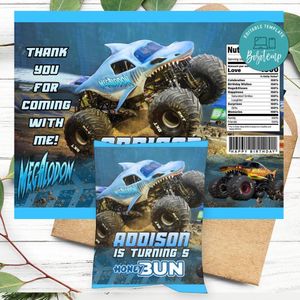 Megalodon Monster Birthday Honey Buns Snack Bag Label Customizable Instant Download
