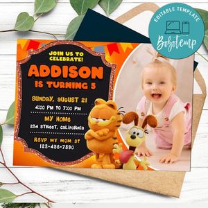 Garfield Birthday Invitation with Photo Customizable Template to Print at Home Instant Download
