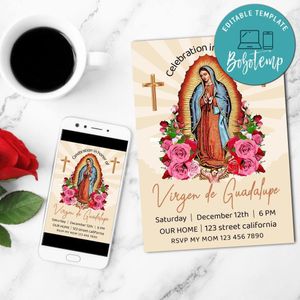 Virgen guadalupe Invitation Customizable Template to Print at Home Instant Download