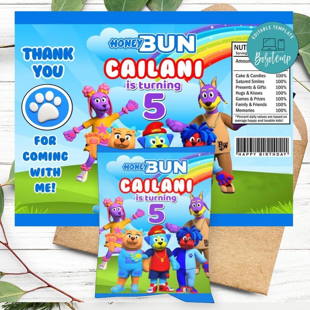 Doggyland Birthday Honey Buns Snack Bag Label Customizable Instant Download