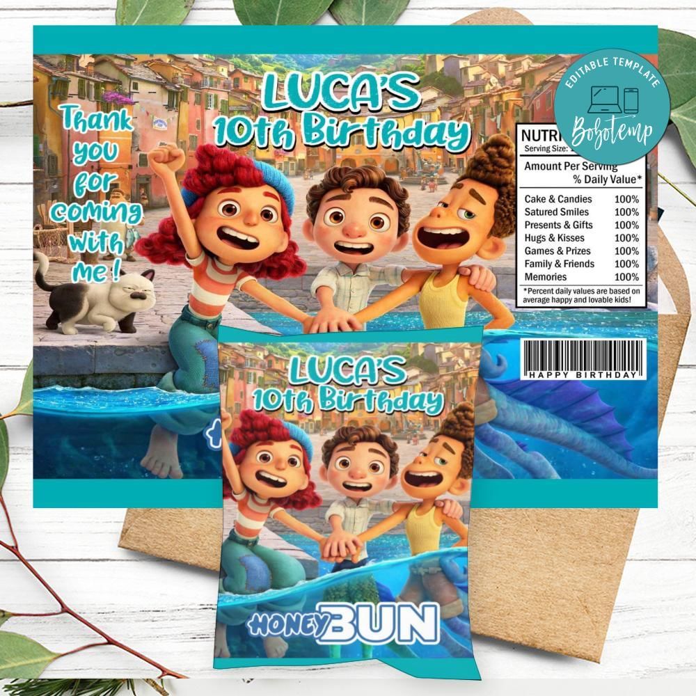 Disney Pixar Luca Birthday Honey Buns Snack Bag Label Customizable ...