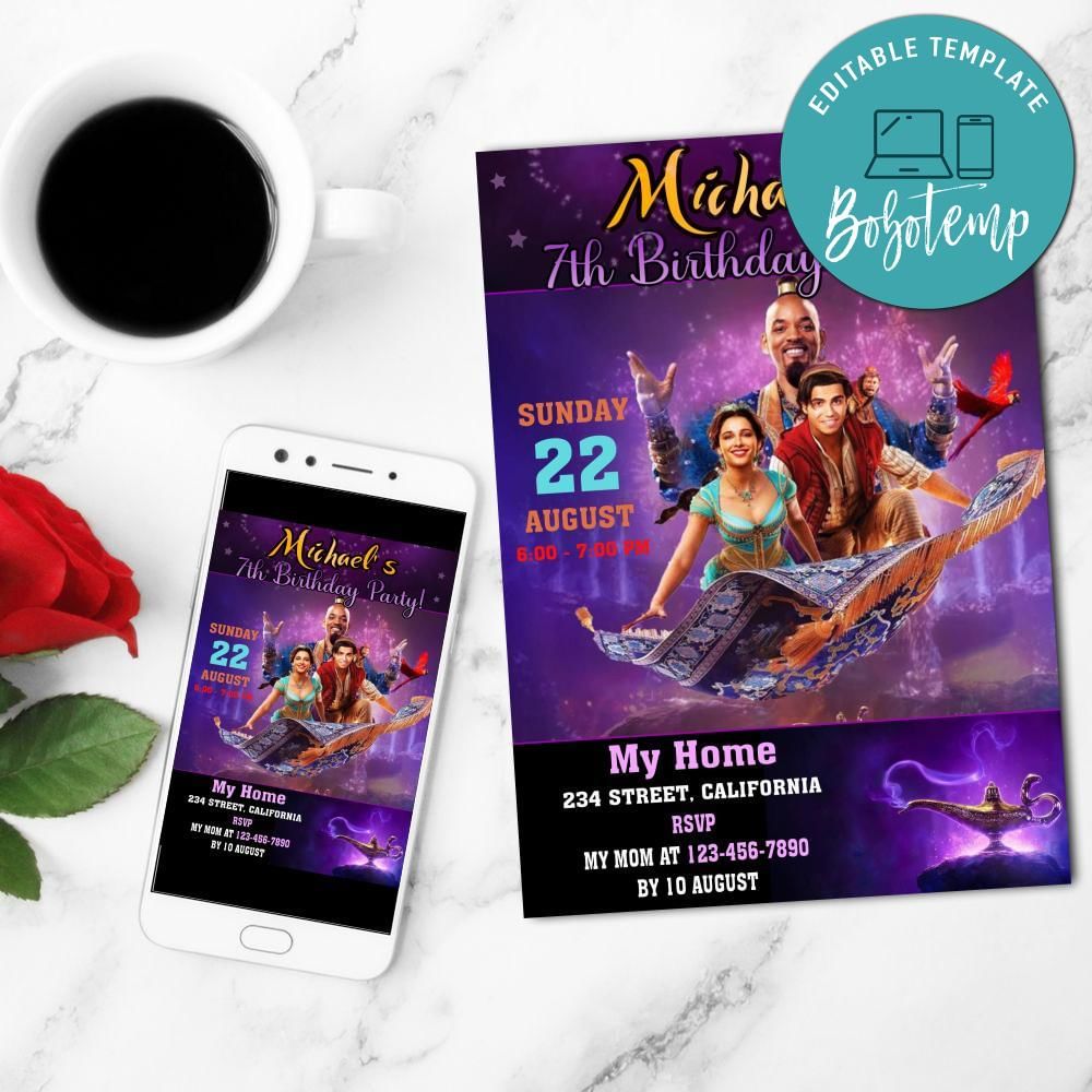 Aladdin Invitation Customizable Template to Print at Home DIY | Bobotemp